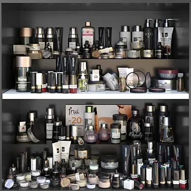 Shelf with a set of cosmetics for beauty salons, shops or dutifree. Make up