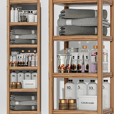 Shelf with bathroom accessories and make-up. Bathroom accessories