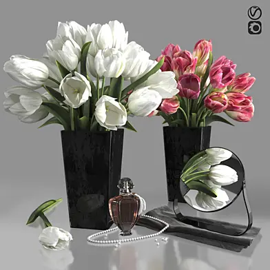 Bouquets of white and pink tulips