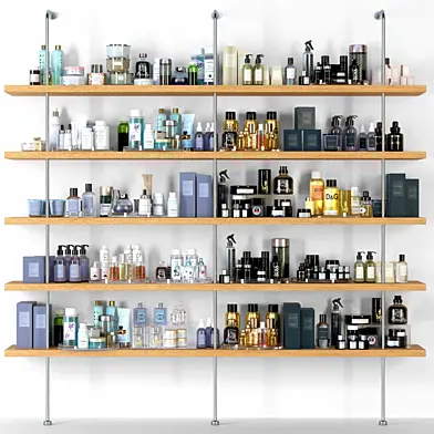 Shelf in a supermarket or beauty salon with cosmetics. Make up