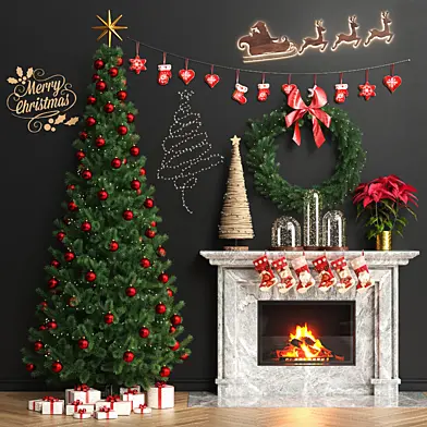 Christmas tree with wreath and fireplace