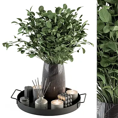 Gray and Green Decorative Set with Bouquet in Tray - Set 107