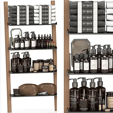Rack with a set of cosmetics for beauty elephants in the bathroom.  Bathroom accessories