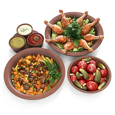 Food set, chicken legs, potatoes with mushrooms, pickles