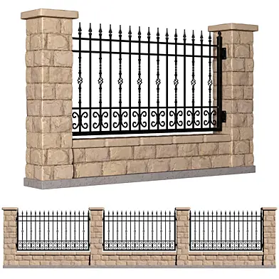 Classic style fence with wrought iron railing.Entrance Driveway Iron Gates Pillars.Stonework
