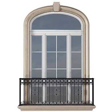 Classic facade arched window with French balcony.Classical Forged Fence. Arch frame Window