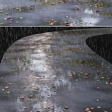 Autumn road with leaves and puddles