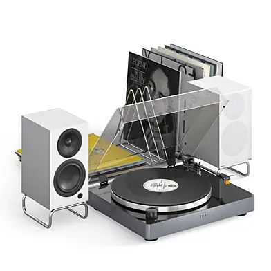 ELAC turntable with speakers and records