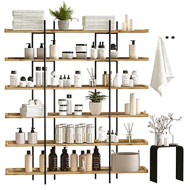 Decorative bathroom set with cosmetics, towels and plants