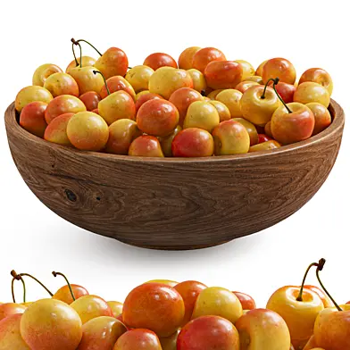 Yellow cherries in a wooden plate