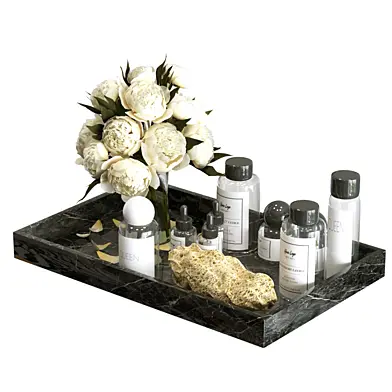 Decorative set with a bouquet of peonies and cosmetics on a tray