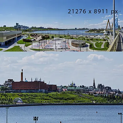Panorama of the Kazan embankment. Millennium Bridge. Uram Extreme Park. Summer 2025.