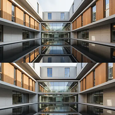 Architectural Panorama Reflected in Water