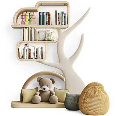 A children's decor set. A crib, a bookshelf, and a stuffed animal