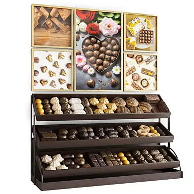 A shelf in a candy store. Chocolate and cookies.