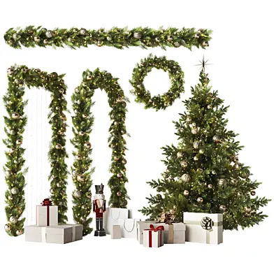 New Year set with a Christmas tree and decor