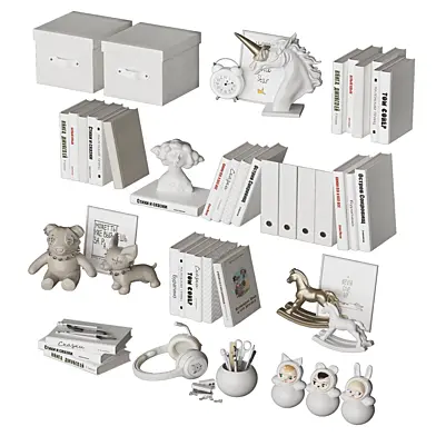 Decor in neutral colors for filling shelves in a child's room
