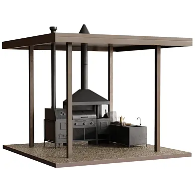 Outdoor Kitchen Pavilion with BBQ Grill and Wood Stove
