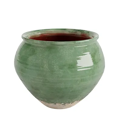Handmade Terra Cotta Drum Vase in Green Crackle Glaze
