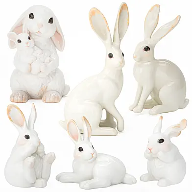 Collection of rabbit figurines made of white ceramics, porcelain, decor. Set 102