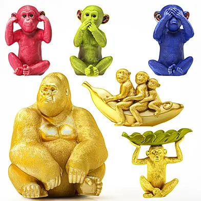 Collection of figurines and figures Kare design golden decor monkey, gorilla, monkey, banana. Set 119.