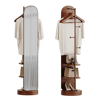 Rotating floor mirror with a hanger and shelves