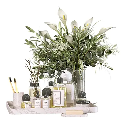 Decorative set for the bathroom with cosmetics and a bouquet of flowers