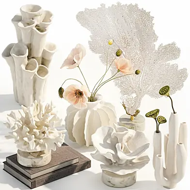 Collection of figurines and marine decor for the table white coral fan vase bouquet poppy lotuses. Set 148.