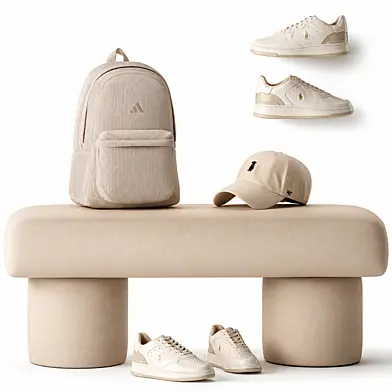 Decorative monochrome beige set bench minimalism shoes sneakers cap bag backpack for hallway wardrobe. Collection 159.