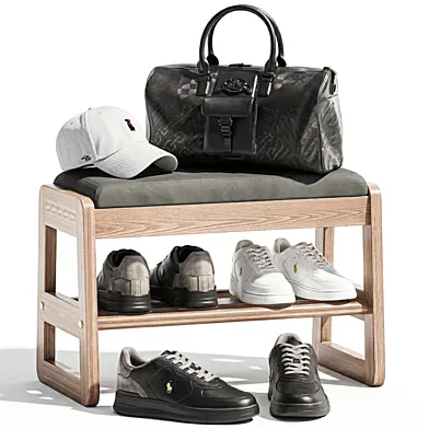 Decorative black shoe bench set for the hallway minimalist shoes sneakers cap bag backpack in the wardrobe leather. Collection 177.