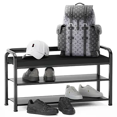 Decorative black bench shoe cabinet for the hallway minimalism shoes sneakers cap bag backpack LOUIS VUITTON in the wardrobe leather. Collection 187.