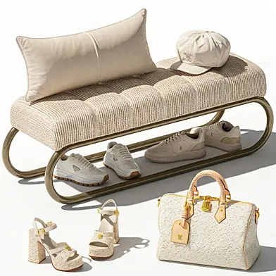 Decorative white set bench shoe cabinet for the hallway minimalism shoes sneakers shoes bag LOUIS VUITTON cap in the wardrobe leather. Collection 190