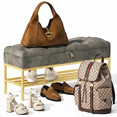 Decorative set bench shoe cabinet for hallway minimalism shoes sneakers heels bag backpack Gucci LOUIS VUITTON in wardrobe leather. Collection 193