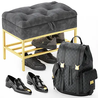 Decorative black set small bench shoe cabinet pouf for hallway minimalism shoes sneakers shoes bag backpack Gucci LOUIS VUITTON in wardrobe leather. Collection 194