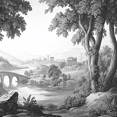 Mural wallpaper: Vintage landscape with a bridge (Print-ready Engraving)