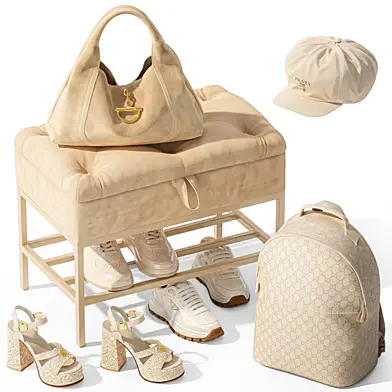 Decorative beige set small bench pouf shoe rack for hallway shoes sneakers shoes bag backpack Gucci LOUIS VUITTON in wardrobe leather. Collection 195