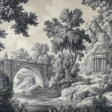 Classic engraving mural: Landscape with a stone bridge and antique ruins