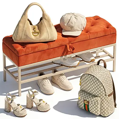 Decorative set terracotta bench pouf shoe cabinet for hallway shoes sneakers shoes bag backpack Gucci LOUIS VUITTON in wardrobe leather. Collection 196