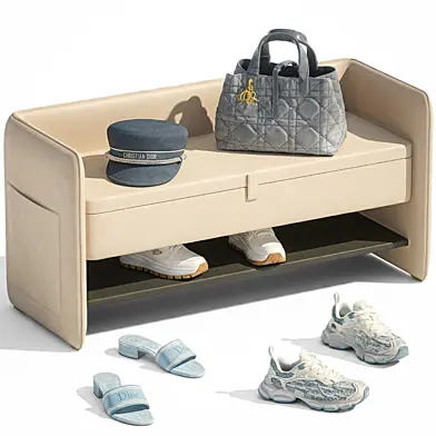 Decorative set beige bench shoe cabinet for hallway shoes sneakers flip-flops bag Christian Dior PRADA in wardrobe leather. Collection 197
