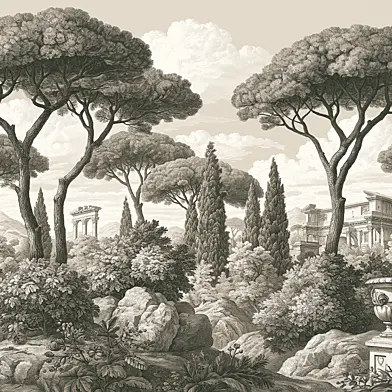 Vintage fresco (panel): Antique landscape with ruins and pines in engraving style