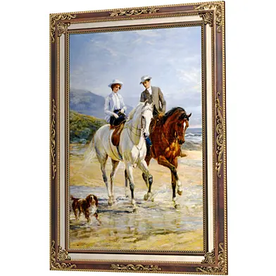 A classic painting in a wooden frame with a mat depicting a horseback ride by the sea