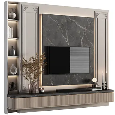 Modern Luxury TV Wall Unit with Fluted Wood Cabinet, Marble Panel set 09