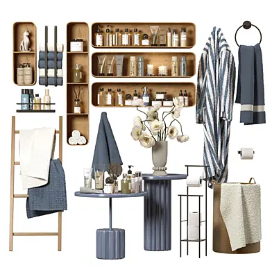 Decorative set for the bathroom with blue tables and blue decor