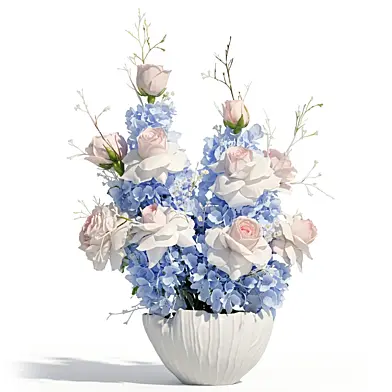 A beautiful large bouquet of white and blue flowers in a white modern branch vase, Anthurium, Hydrangea, rose, Waxflower. Set 835.