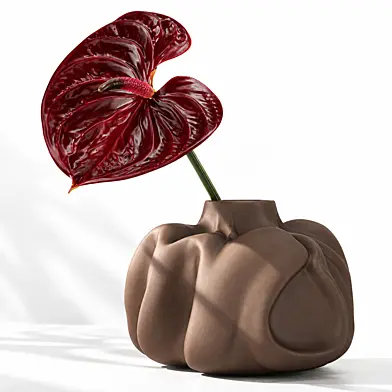 A bouquet of flowers in minimalism style in a modern vase 101 Copenhagen in burgundy color with a branch of Anthurium. Set 844.