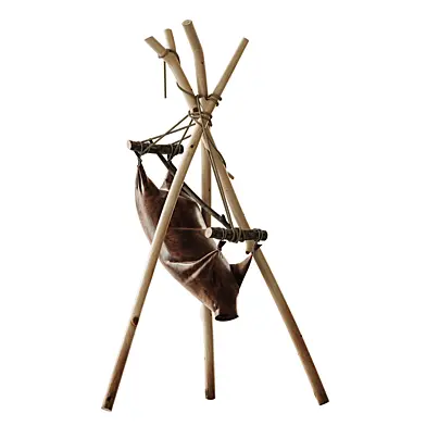 Leather bag on a wooden stand