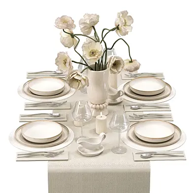 Tableware set for serving with a bouquet and plates
