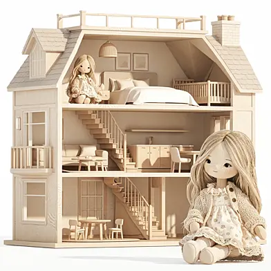 Children's toy Wooden dollhouse with furniture and decor in bedding tones, doll girl in a dress. Set 28