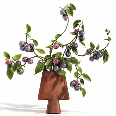 101 Copenhagen Lush bouquet of flowers in a modern vase with branches and leaves, plum fruits. Set 853.