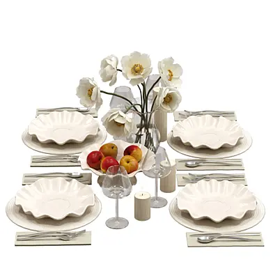 Tableware with a bouquet and apples